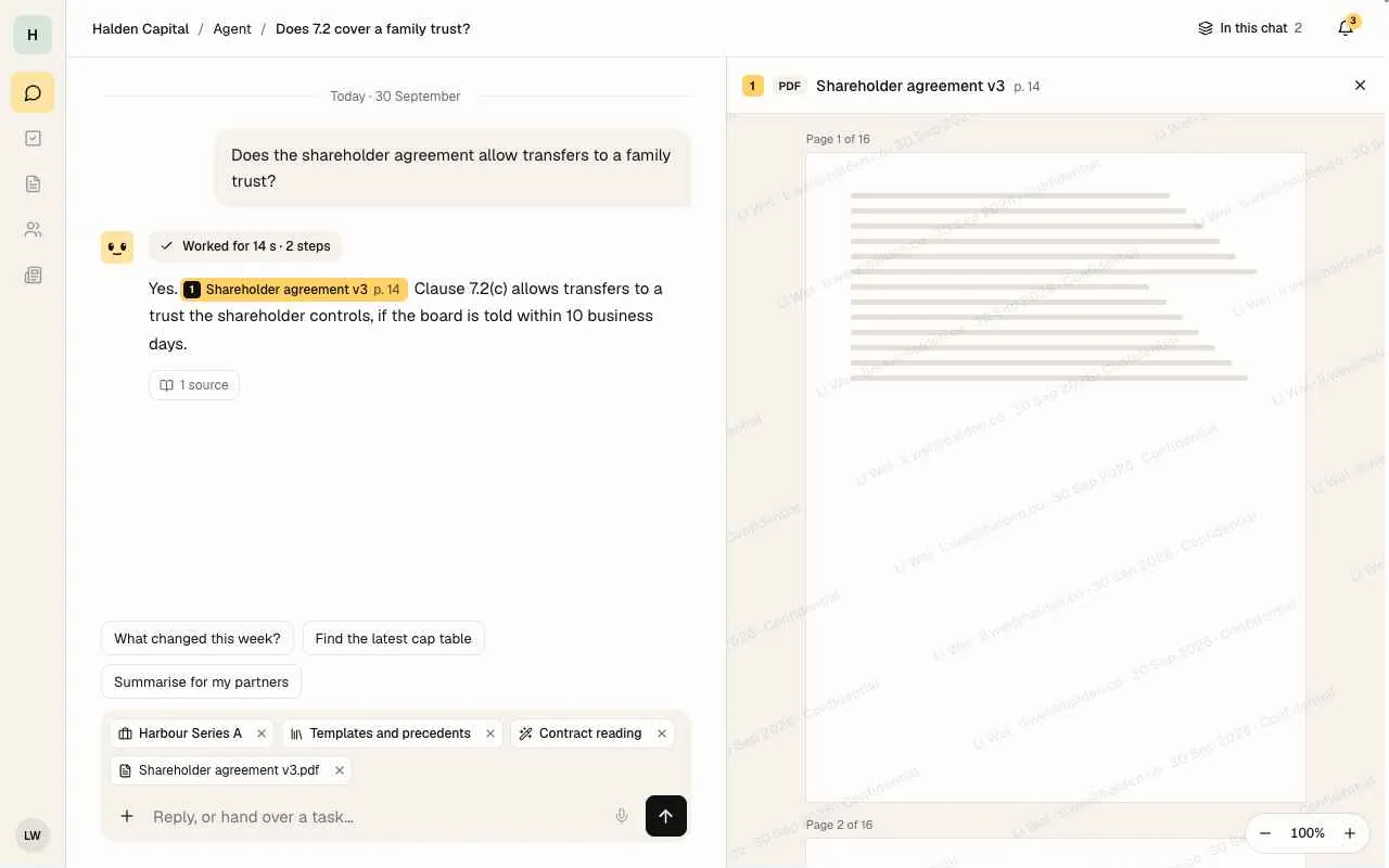 Agent conversation with the cited page open in the split viewer, 1280px.