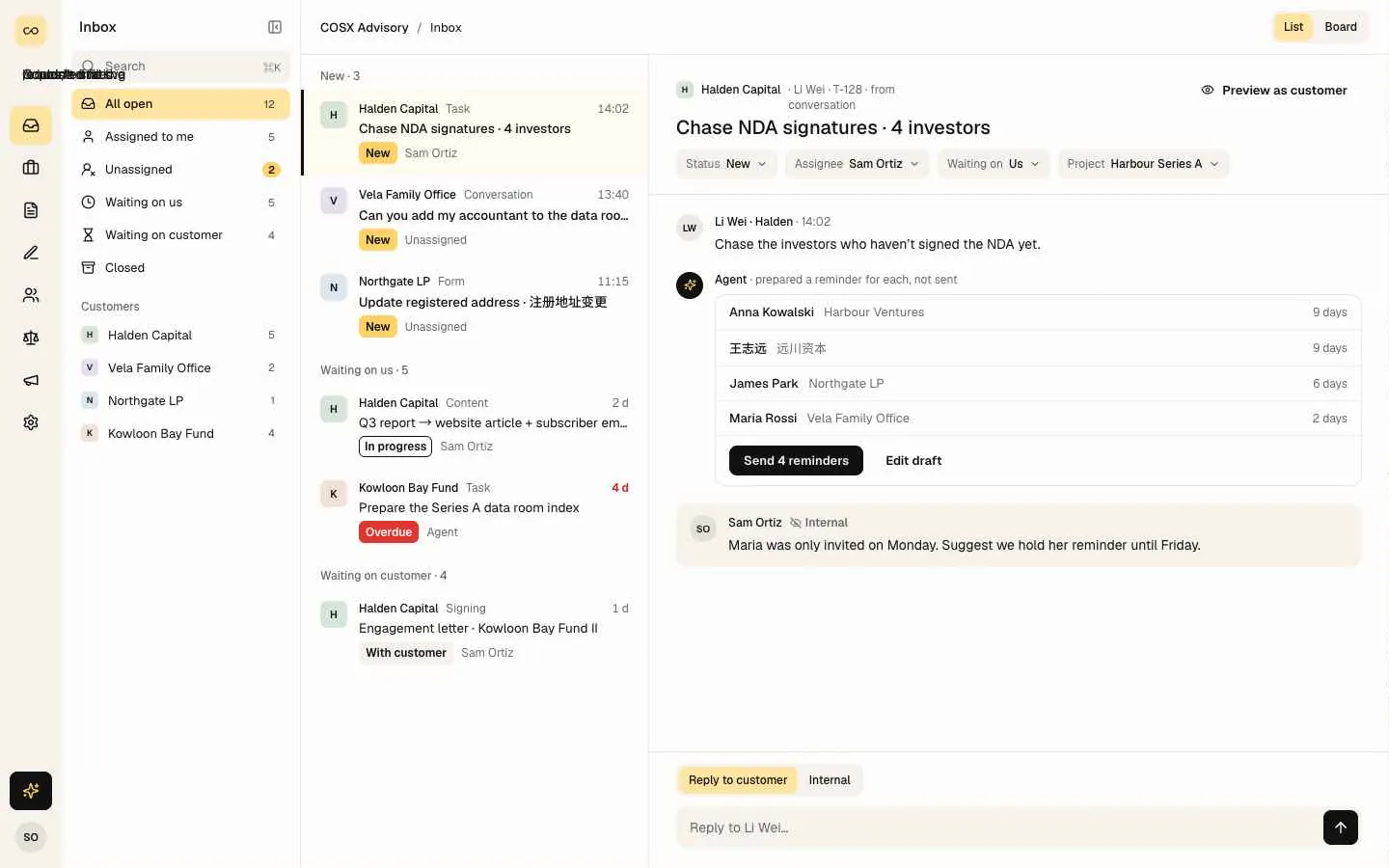 Ops inbox: a customer task with the agent’s draft replies.
