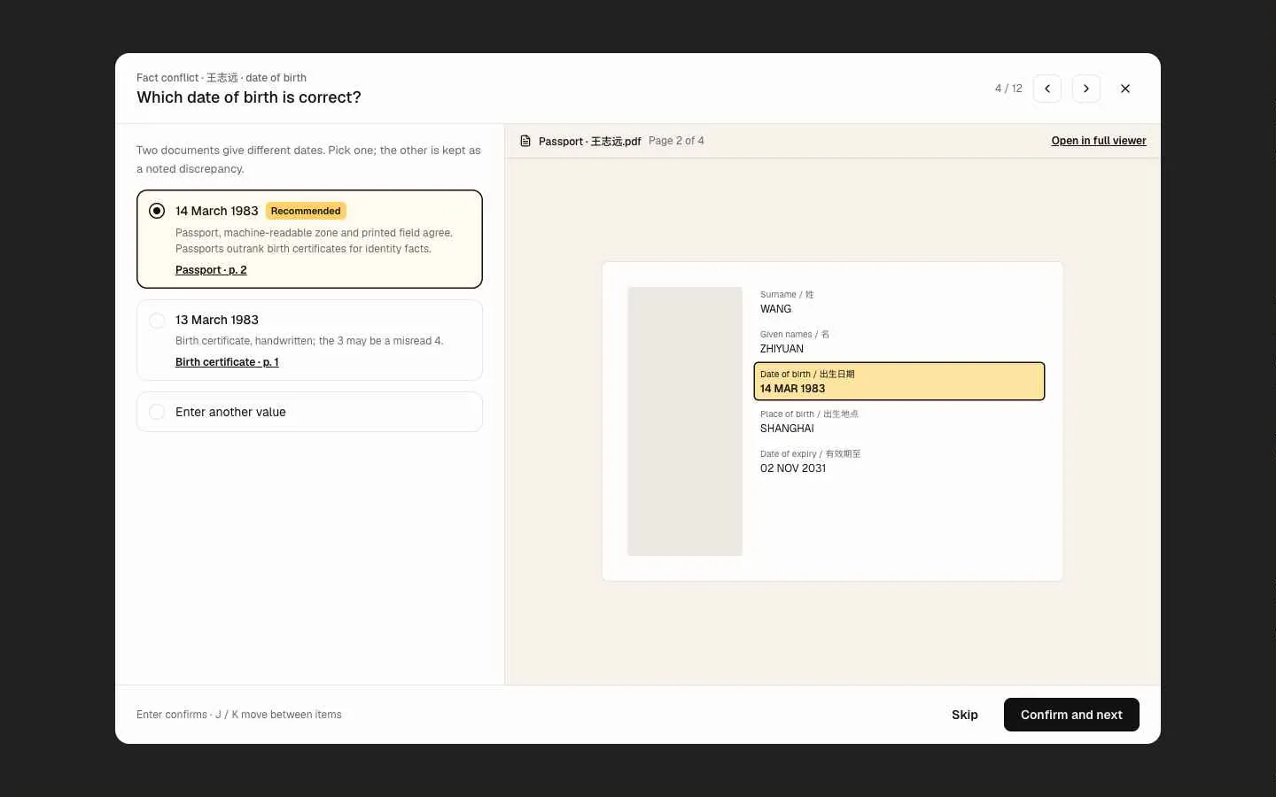 Split dialog: two dates of birth, the passport recommended.