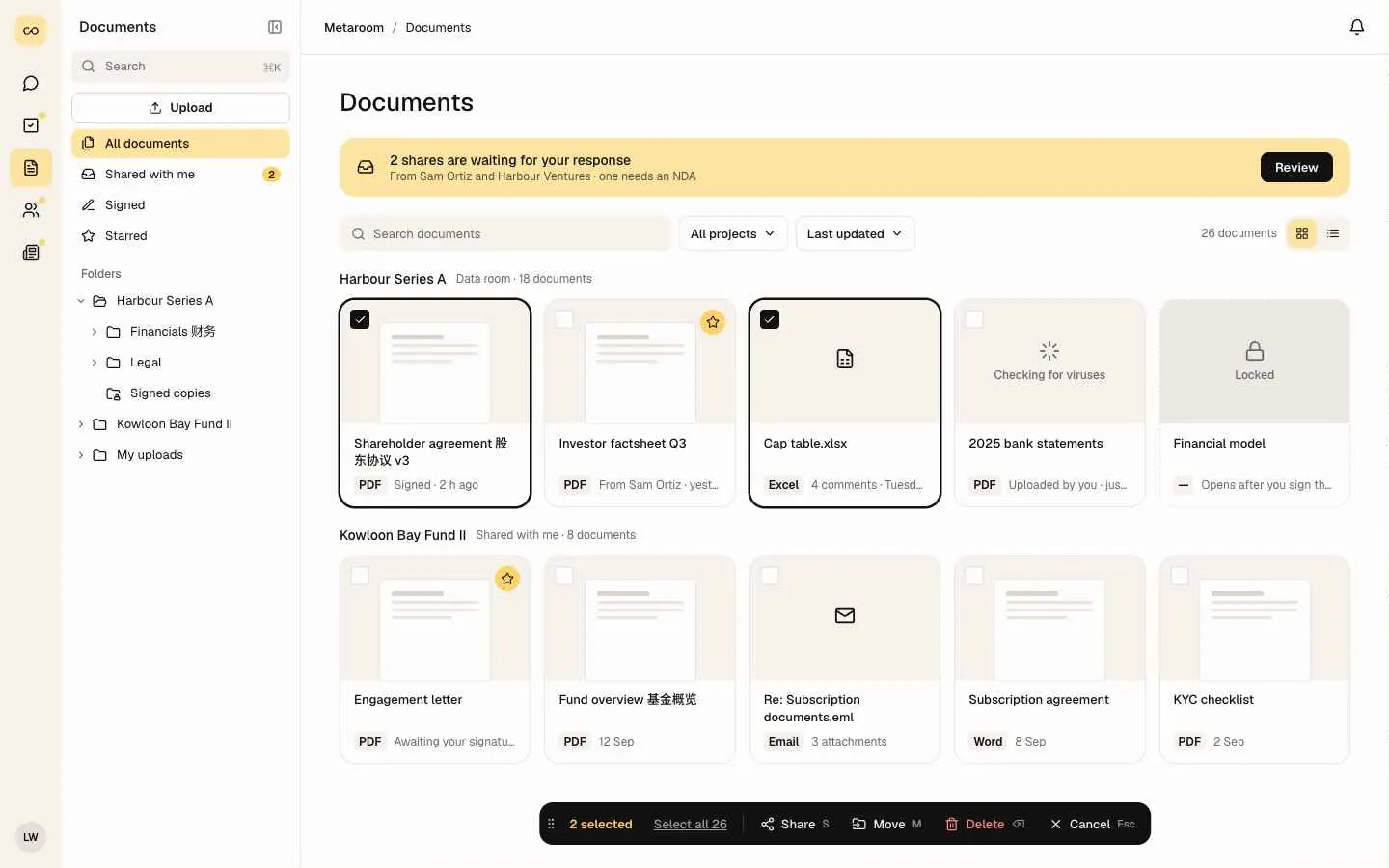 Documents with two files selected and the action bar.